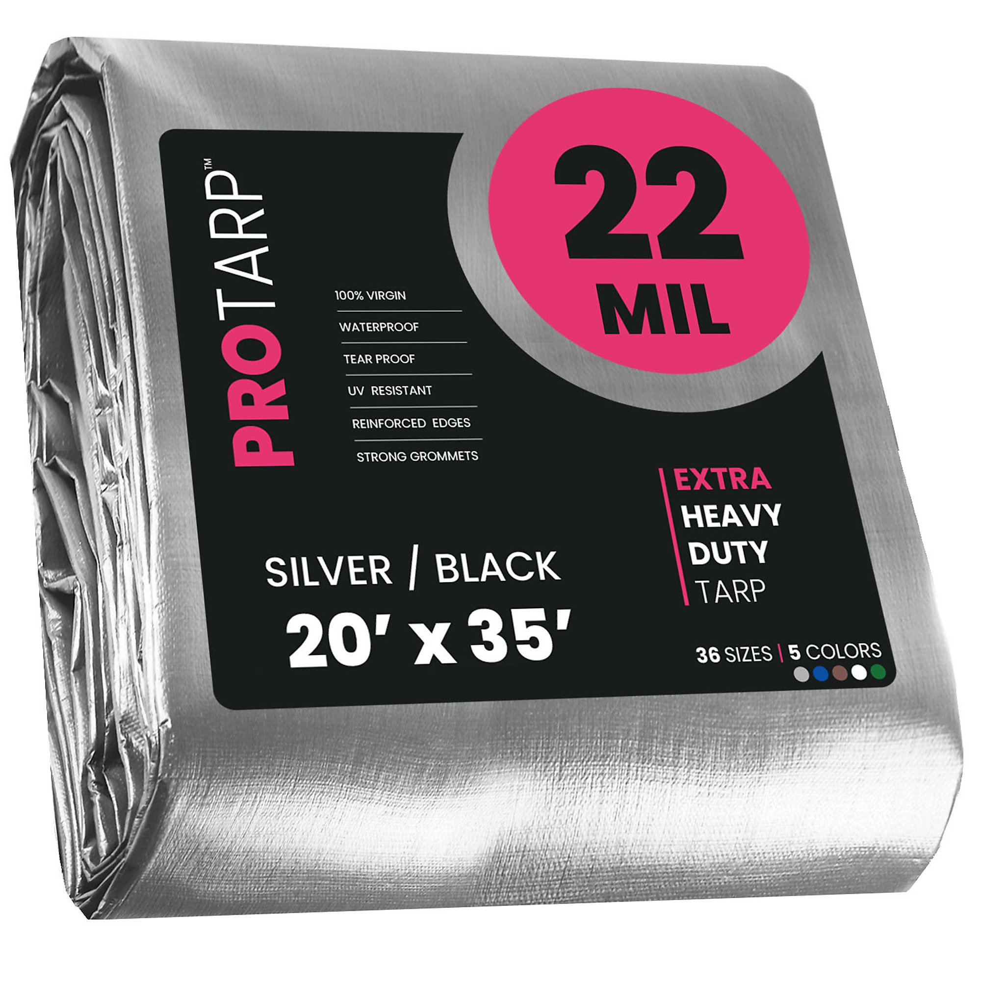 PROTARP Extreme Heavy Duty 22 Mil Tarp Cover, Waterproof, UV Resistant, Rip and Tear Proof, Poly Tarpaulin with Reinforced Edges for Roof, Camping, Patio, Pool , Boat. (Silver/Black 20' X 35')